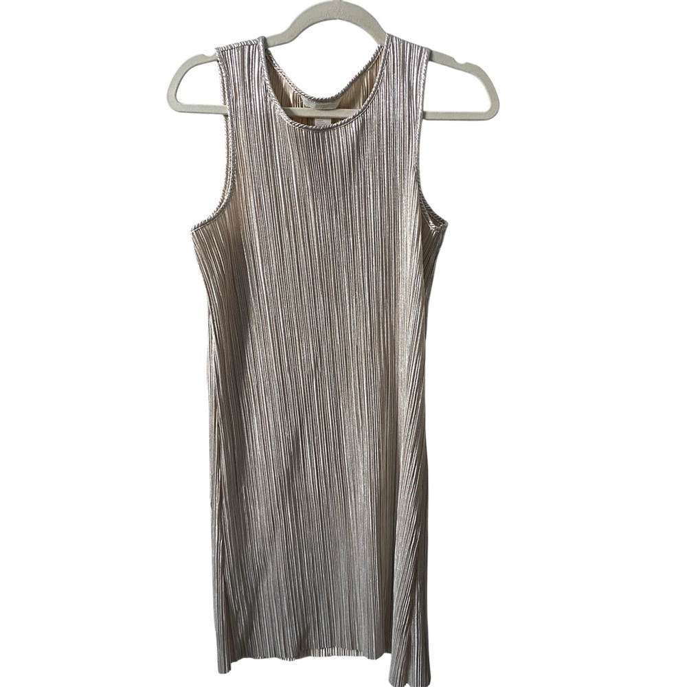 Elegant H&M Champagne Metallic Round Neck Pleated Tank Dress XS